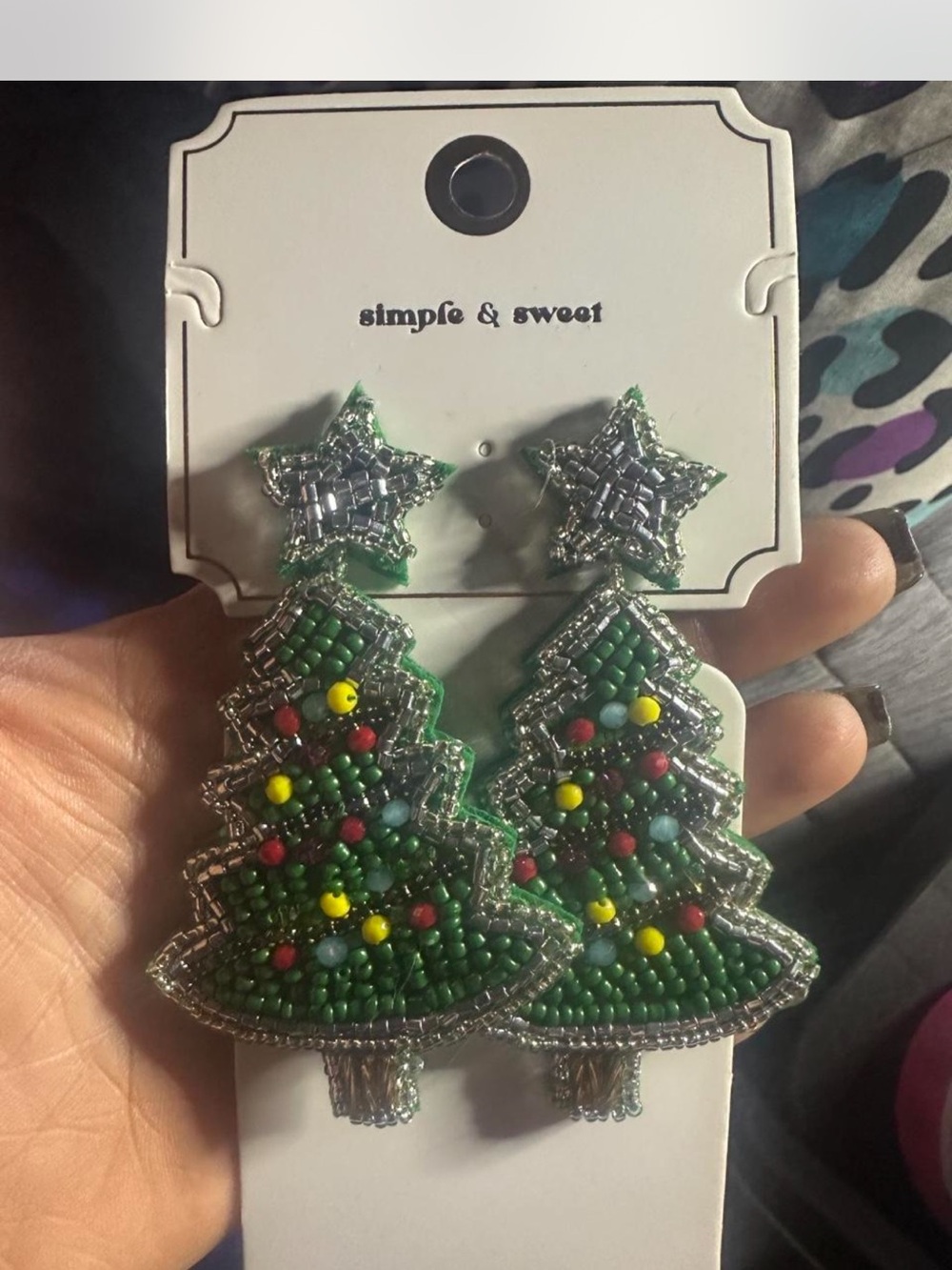 Beaded Christmas Tree Drop Earrings - Green